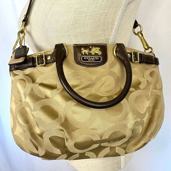 Coach Madison Op Art Sateen Sophia Satchel 2 Way Purse Khaki/Brown #18650 Crossb - Picture 1 of 12